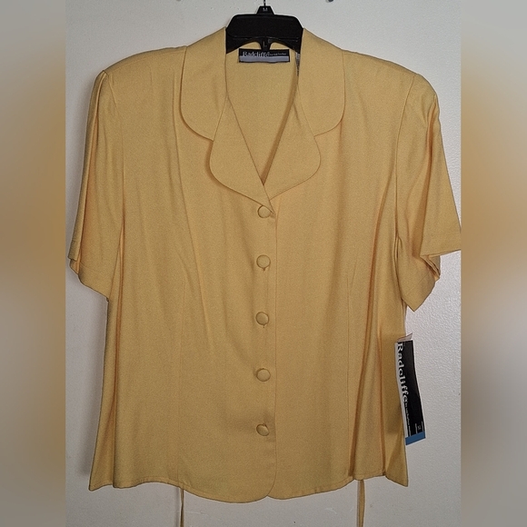 Radcliffe Blouse SzXL Ladies Gold Short Sleeves Covered Buttons Tie Back NWT - Picture 1 of 8